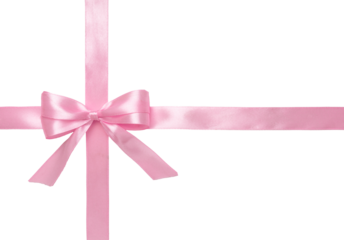 Pink satin ribbon tied crosswise into a bow isolated on white background. Perfect for festive packaging, weddings, valentines and online store visuals.