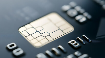 Macro photo of a smart chip on a credit card showing raised numbers. Close up shot of chip and digits for secure financial transactions. Abstract of bank card and banking.