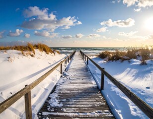 Winter beach scene of a boardwalk leading toward the ocean, sunny sky