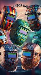 Vibrant welding helmets showcasing artistic designs in a festive display.