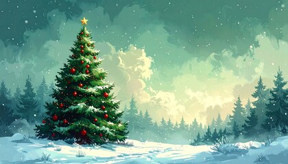A snowy landscape with a decorated Christmas tree. Evergreen trees stand in the distance under a cloudy, softly lit sky with falling snow