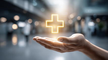 Medical cross above a caring hand, symbolizing healthcare support, emergency help, and accessible services focused on protection and recovery.

