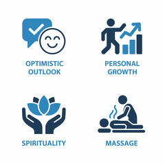 Wellness & Mindfulness Icons Set: Optimistic Outlook, Personal Growth, Spirituality & Massage Illustration.