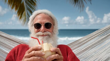 A man in a Santa hat is relaxing on a beach with a coconut drink in his hand. The scene is lighthearted and fun, with the man enjoying his time in a tropical setting