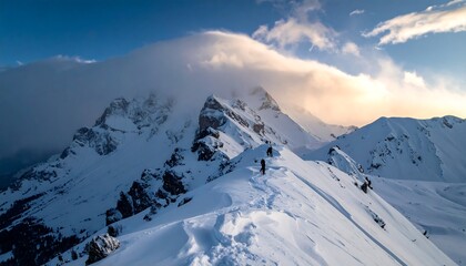 A snowy mountain range at dusk, with a few figures traversing a ridge and clouds blanketing the peaks. Dramatic skies