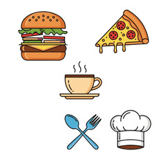Illustration of a burger, pizza slice, coffee cup, utensils, and chef's hat.
