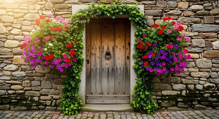 Rustic Wooden Door with Flowers