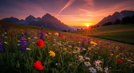A vibrant meadow of wildflowers bursts into color at sunset, framed by majestic mountains.
