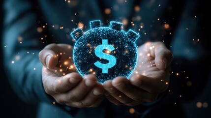 Cost reduction business finance concept: Budget management and cost optimization strategy for economic savings. Businessman holding cost reduction icon on virtual screen.