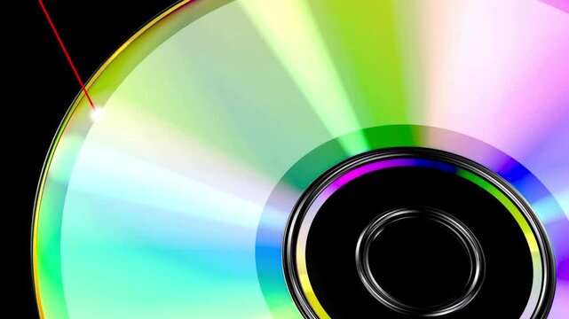 Closeup of a colorful compact disc with a red laser beam reflecting off its surface, creating a vibrant and dynamic visual effect on black background