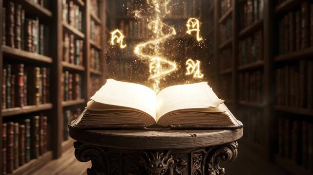 Glowing magic book with ancient symbols rising from pages in a dark library, occult knowledge and wizardry concept footage