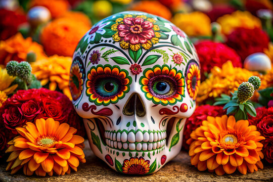 Day of the Dead Skull surrounded by Flowers Vibrant and Colorful Celebration of Life and Remembrance