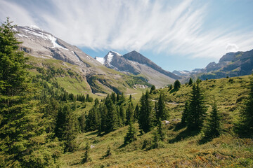 Fototapeta premium Alpine valley with snow-capped peaks in Kandersteg, Switzerland