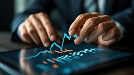 Cost reduction business finance concept, businessman touching a virtual screen of a cost reduction icon with a down arrow for budget and cost management
