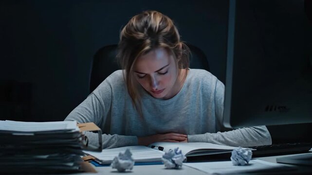 Young woman working late at night in a dark office, feeling tired and eventually falling asleep, depicting burnout footage.