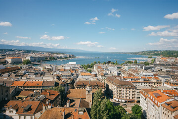 Fototapeta premium Aerial cityscape view of Geneva and Lake Geneva, Switzerland