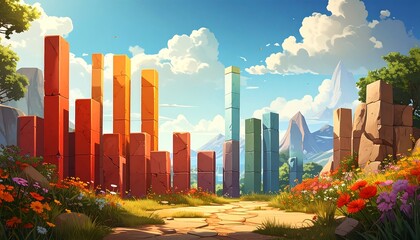 A vibrant landscape with colorful rectangular pillars. A path leads towards mountains and a bright blue sky. Flowers flourish at the base