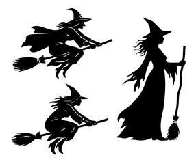 Classic Halloween witch icon set in a black silhouette style, Features a standing witch and two flying on broomsticks, Spooky and magical character graphics for festive decorations and t-shirts design