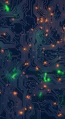 Intricate circuit board design showcases a complex network of glowing lines and illuminated components, creating a dynamic and technical aesthetic.