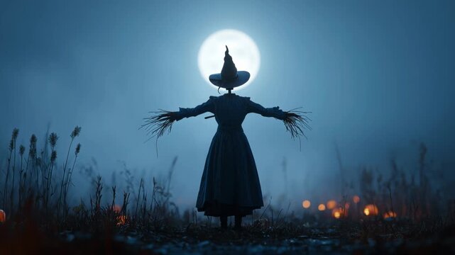 Scarecrow silhouette stands against full moon, camera slowly zooms in on eerie atmosphere