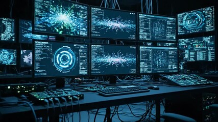 Dark server room with multiple computer screens displaying data and network analysis for cybersecurity operations footage - Powered by Adobe