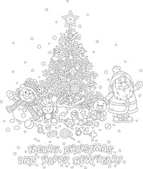 Santa Claus and funny snowman with a magic gift bag and a decorated Christmas tree with holiday toys, balls, garlands and sweets, black and white vector cartoon illustration for a coloring book
