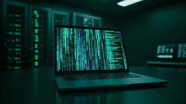 Laptop displaying digital data code in server room. Hacking, cybersecurity, and information technology with flowing binary. - Powered by Adobe