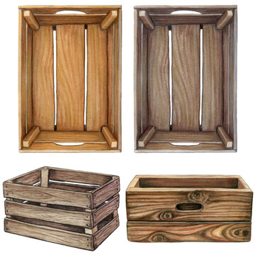 Watercolor hand drawn wooden crates