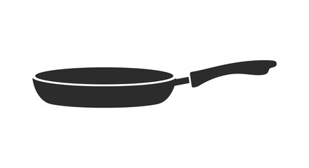 A simple black silhouette of a frying pan with a long handle on a white background silhouette
