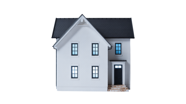 Modern white house with black roof and door, perfect for real estate, architecture, and home design concepts, inviting a sense of comfort and style.