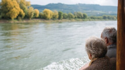 Fototapeta premium Elderly couple sitting on a boat, looking out over a river. the couple is facing away from the camera, with the man's arm around the woman's waist.