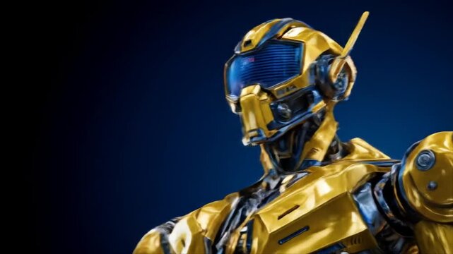 Futuristic Gold Robot with Blue Accents on Dark Background Animation Video