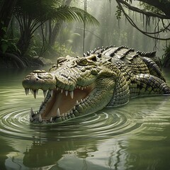 Obraz premium A large crocodile rests in a tranquil jungle setting, its jaws agape, showcasing impressive teeth and scales.