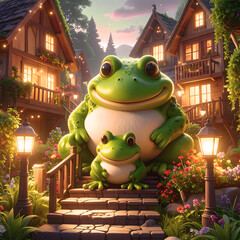 Frog Family: a serene scene of two friendly frog, creating a charming scene filled with the charm and a fairy tale world.