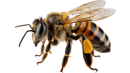 Honeybee portrait showcasing detailed anatomy with delicate wings and pollen baskets, ideal for educational resources and nature documentaries about insects
