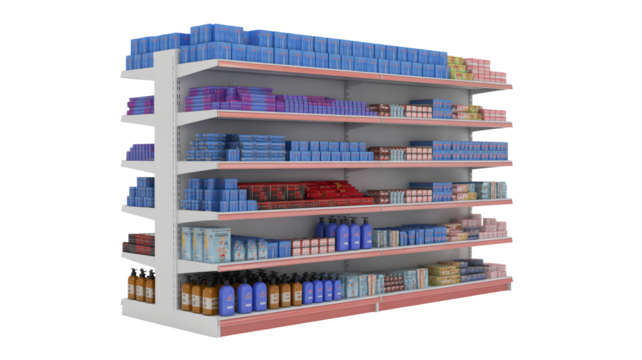Fully stocked supermarket shelving system offers a wide selection of household goods and grocery items perfect for retail design layouts and store visualizations