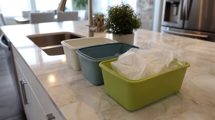 Kitchen countertop with three plastic bins on it. the bins are in different colors - one is light blue, one is green, and one is white.