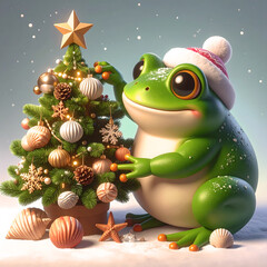 Festive Frog Decorating Christmas Tree: A whimsical frog wearing a Santa hat adorns a beautifully decorated Christmas tree, evoking feelings of joy and anticipation. 