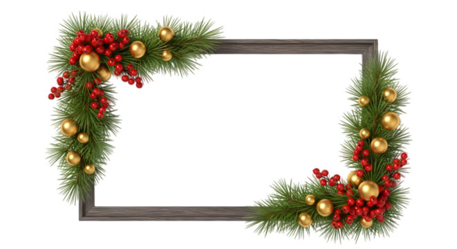 Rustic Wooden Frame with Green Pine Branches Red Berries Gold Ornaments Transparent
