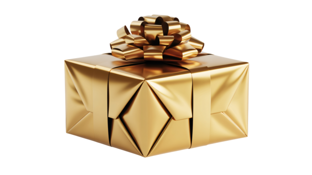 Elegant golden gift box with ribbon bow, perfect for birthdays, holidays, or corporate celebrations. Add a touch of luxury to your festive designs.