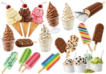 Assortment of delicious ice cream treats and popsicles isolated on transparent background