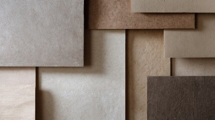 Close-up of a collection of different types of paper or cardboard sheets. the sheets are arranged in a grid-like pattern, with each sheet overlapping the one below it.