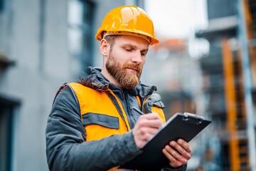 Obraz premium A construction worker in a bright helmet and vest examines plans on a clipboard. He stands in an active construction zone, surrounded by scaffolding and building materials in the sunlight