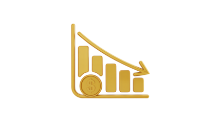 Golden falling graph with dollar coin shows economic downturn and financial crisis, ideal for finance and business presentations highlighting market risks