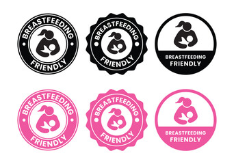 Breastfeeding icon set. Breastfeeding Friendly label. Baby care symbol. Mother and baby icons. Breastfeeding logo, badge, symbol, black, line, flat vector, isolated illustration.