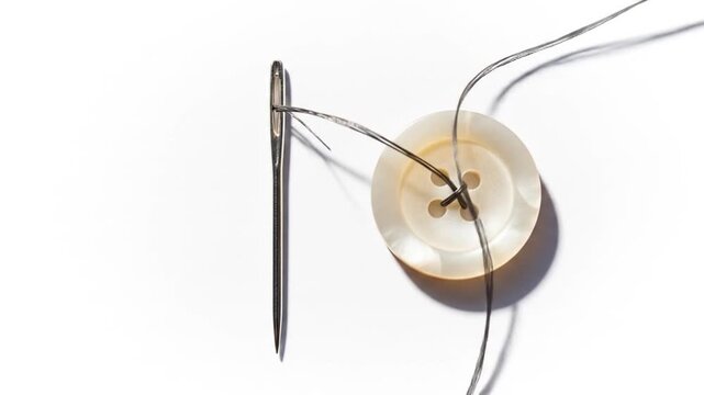 Needle threaded through buttonholes, ready for sewing