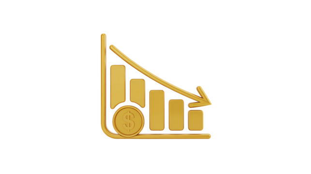 Golden falling graph with dollar coin shows economic downturn and financial crisis, ideal for finance and business presentations highlighting market risks