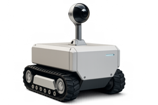 Autonomous surveillance robot patrolling with camera on transparent background