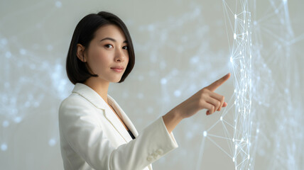 Modern businesswoman interacting with digital interface for innovative technology solutions in global business network, showing expertise in data analysis