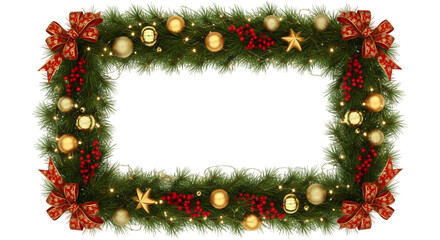 Rectangular Winter Frame with Golden Ornaments Red Ribbons Berries Pine Garland Lights
